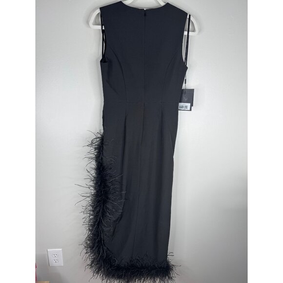 Mac Duggal Black Sleeveless Faux Wrap Dress Feather Trim Size 6 11626 NWT - Picture 5 of 5